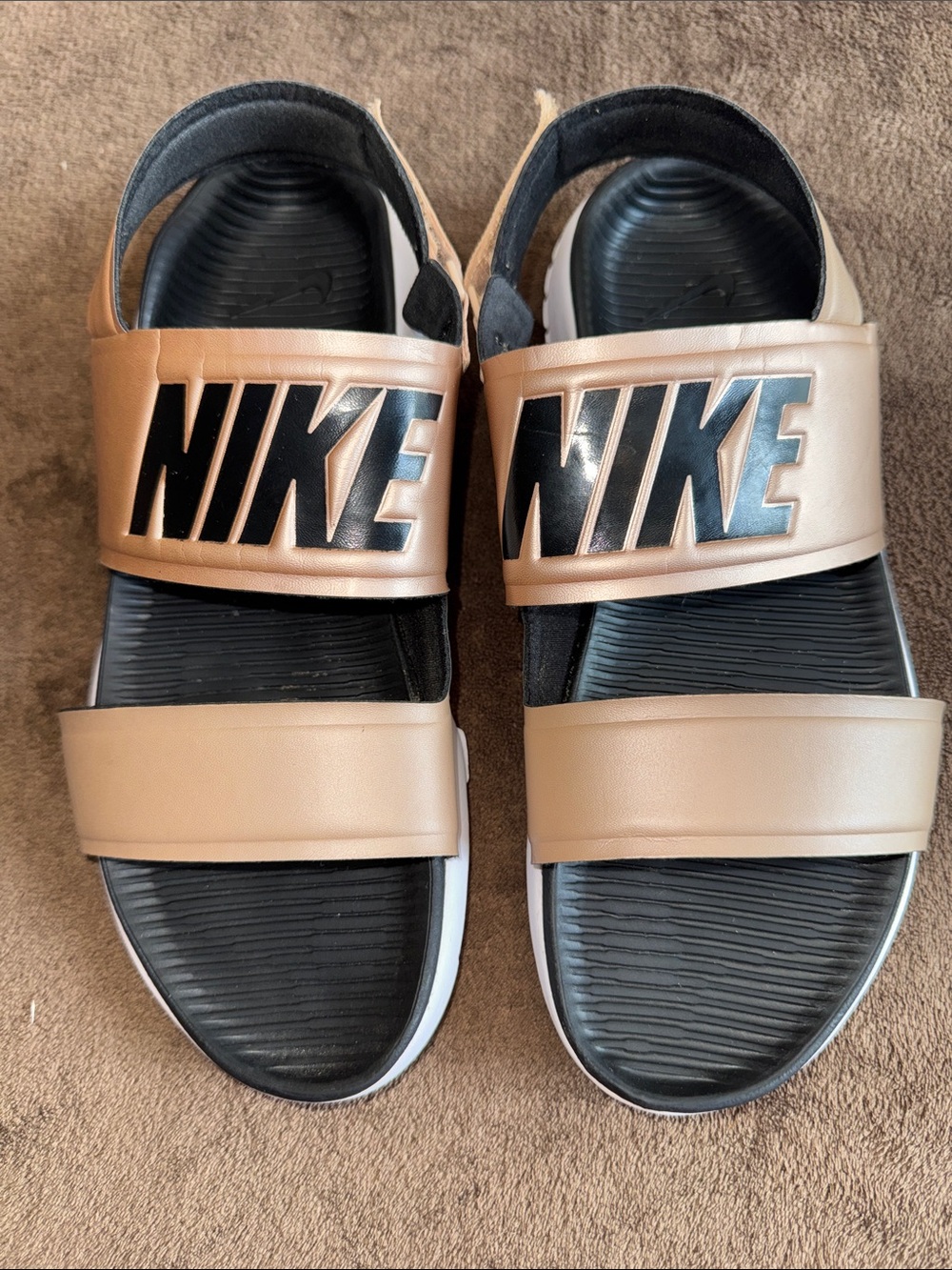 Nike Metallic Tan and Black Double-Strap Slide Sandals